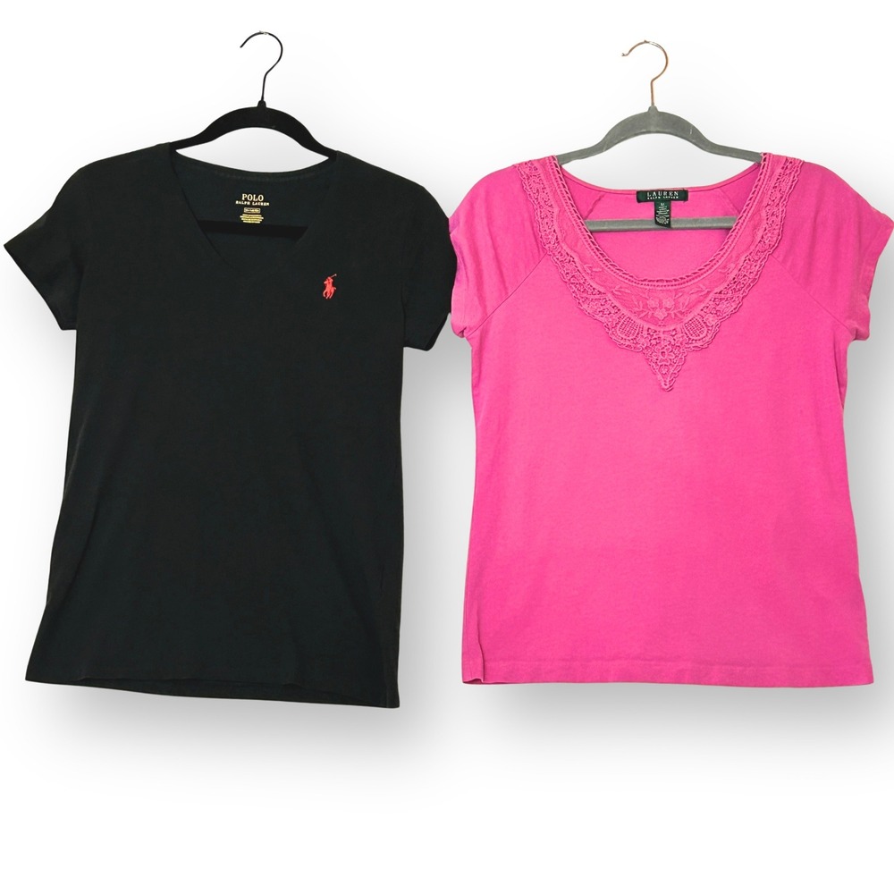 Lot of 2 Ralph Lauren Tops Womens Medium Black V-Neck Tee Pink Lace Trim Blouse